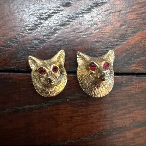 Vintage Gold Tone Fox Head Stud Earrings w/ Red Crystal Eyes
